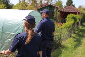 Dzielnicowi podczas kontroli Rodzinnego Ogrodu Działkowego &quot;Siarkopol&quot; w Tarnobrzegu.